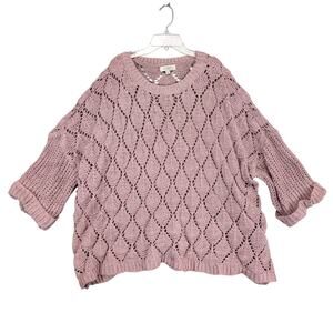 Umgee Women's XL Chunky Oversize Open Diamond Knit Long Pink Sweater Cottagecore